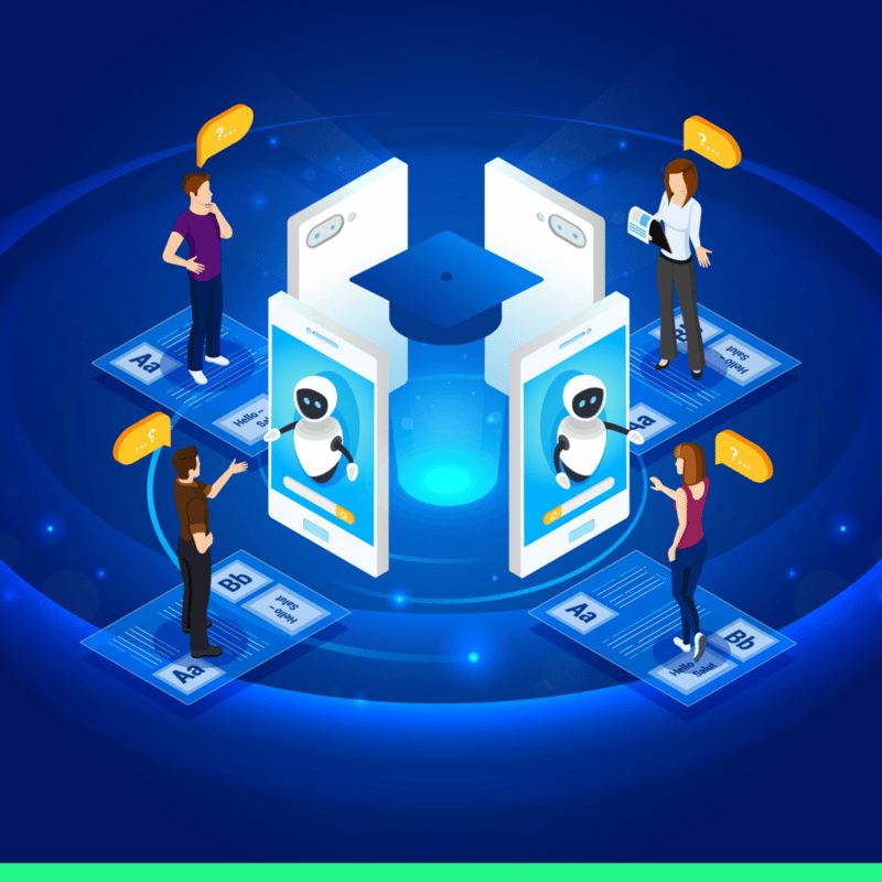 illustration of people interacting with ai chatbots in a circle